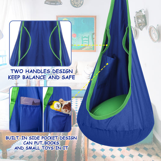 Kids Pod Swing Seat Child Hanging Hammock Chair with Inflatable Pillow - Blue and Green