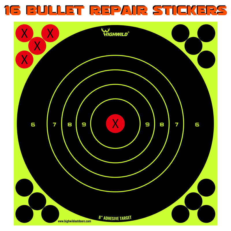 Load image into Gallery viewer, 8” Stick Splatter Adhesive Bullseye Bright Fluorescent Yellow Shooting Targets - 50 Pack