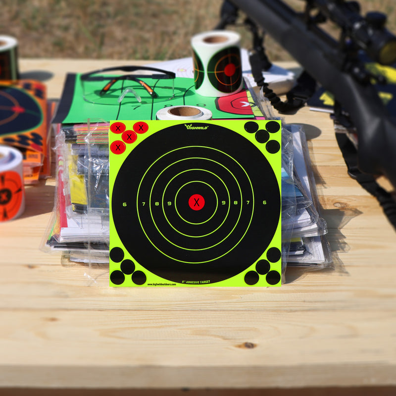 Load image into Gallery viewer, 8” Stick Splatter Adhesive Bullseye Bright Fluorescent Yellow Shooting Targets - 50 Pack