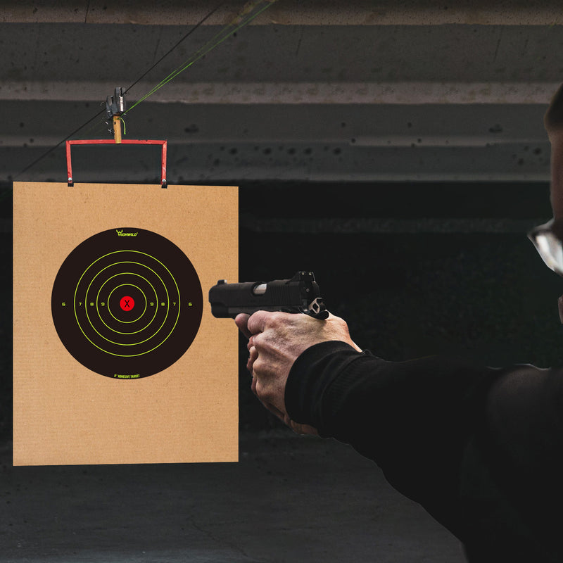 Load image into Gallery viewer, 8” Stick Splatter Adhesive Bullseye Bright Fluorescent Yellow Shooting Targets - 50 Pack