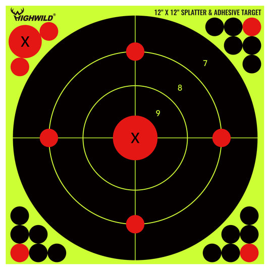 12X12 Inch Splatter Adhesive Bullseye Fluorescent Yellow Shooting Target Stickers
