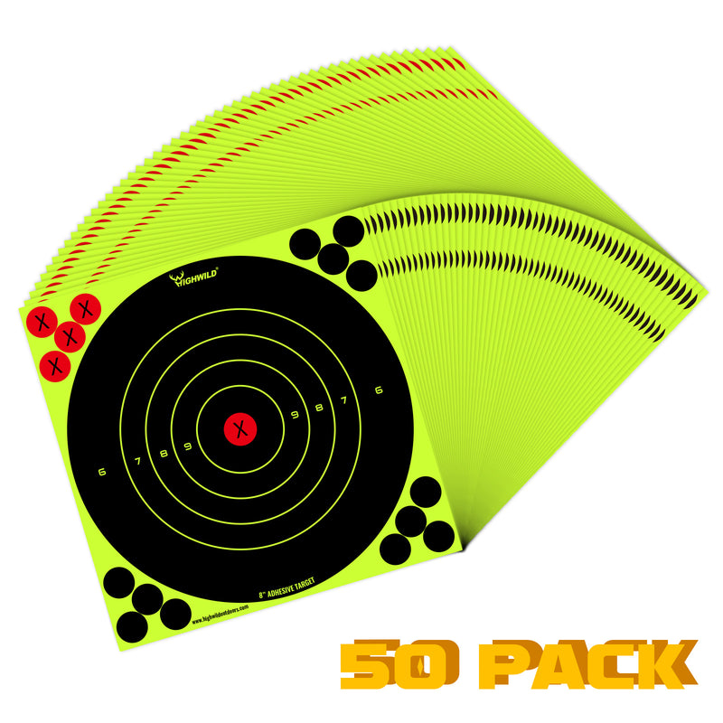 Load image into Gallery viewer, 8” Stick Splatter Adhesive Bullseye Bright Fluorescent Yellow Shooting Targets  - 50 Pack
