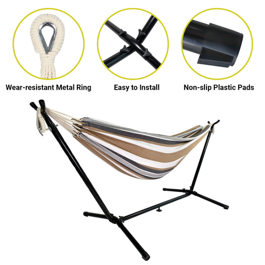 Double Hammock with Space Saving Steel Stand (White/Coffee)