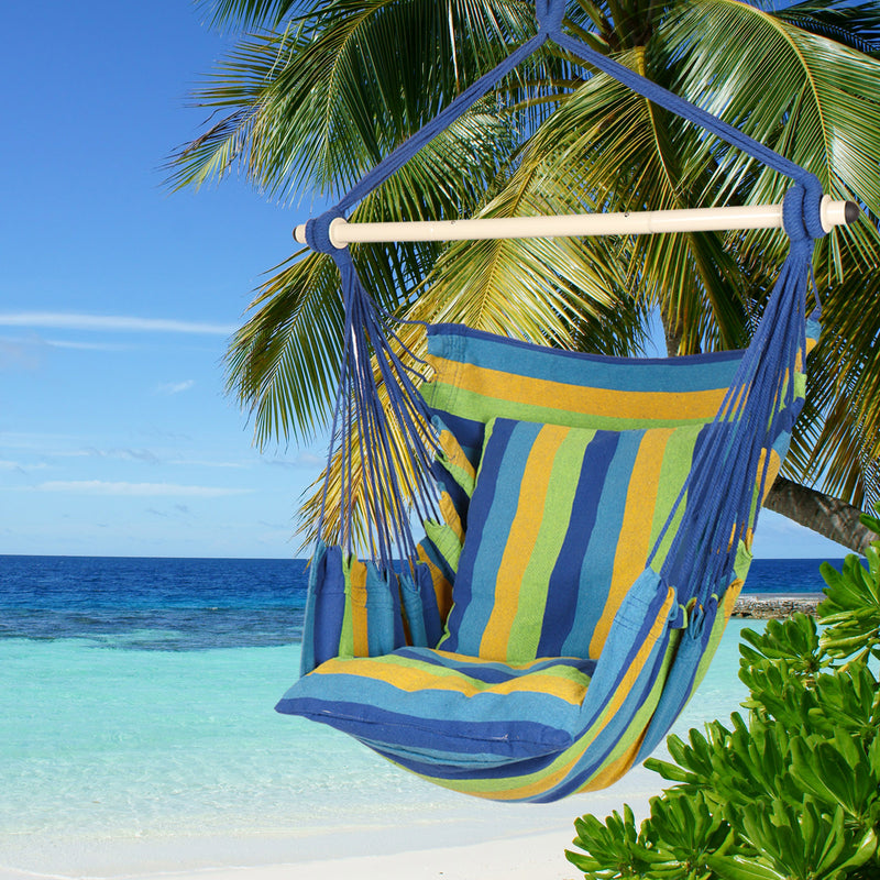 Load image into Gallery viewer, Hanging Hammock Chair with Cushions - Blue &amp; Green
