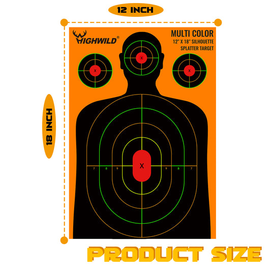 Silhouette Splatter Paper Targets - Splash Effect of Multiple Colors - 12x18 Inch