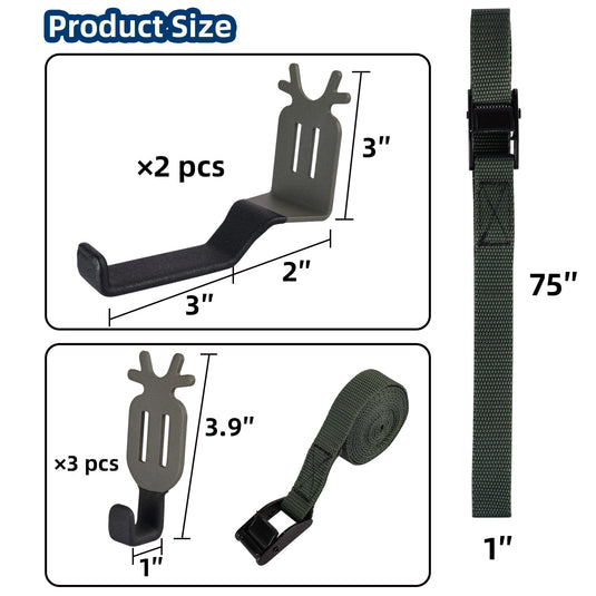 Treestand Strap Gear & Bow Hangers for Hunting Gears Bow - 3 Gear Hooks + 2 Bow Hangers Set