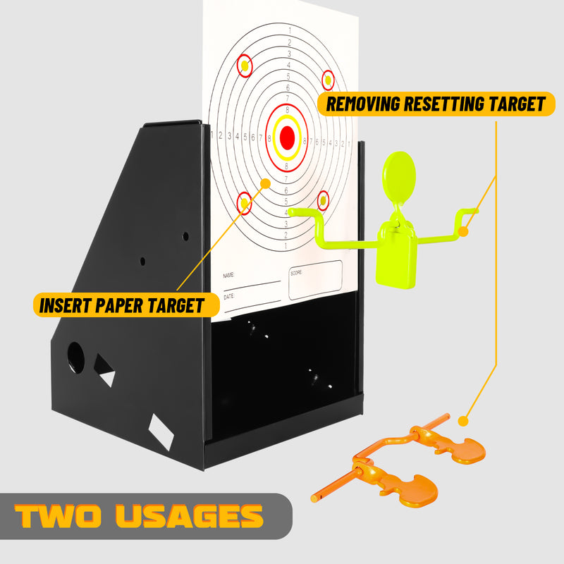 Load image into Gallery viewer, BB Trap Pellet Collector Resetting Target with 10pcs 7&quot; X 9&quot; Paper Targets and 3 Spinner Targets
