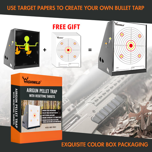BB Trap Pellet Collector Resetting Target with 10pcs 7" X 9" Paper Targets and 3 Spinner Targets