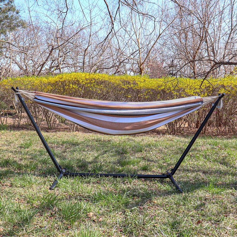 Load image into Gallery viewer, Double Hammock with Space Saving Steel Stand (White/Coffee)
