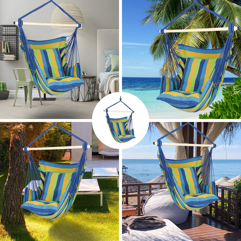 Load image into Gallery viewer, Hanging Hammock Chair with Cushions - Blue &amp; Green
