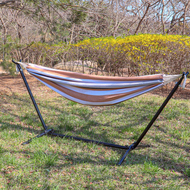 Load image into Gallery viewer, Double Hammock with Space Saving Steel Stand (White/Coffee)
