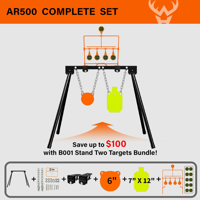 Load image into Gallery viewer, 3/8&quot; AR500 Steel Targets System 6&quot; Gong and 7&quot;x 12&quot; Silhouette with Stand and .22 Rimfire Resetting Target
