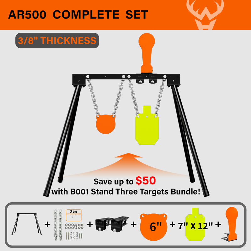 Load image into Gallery viewer, 3/8&quot; AR500 Steel Targets System 6&quot;  Gong and 7&quot;x 12&quot; Silhouette with Stand and Auto Reset Popper

