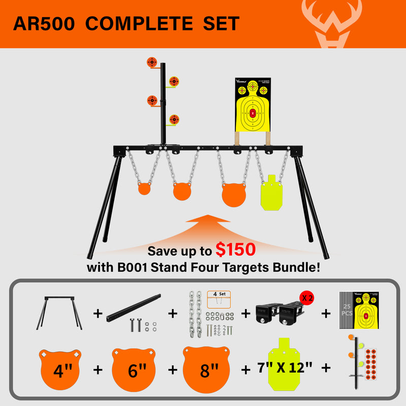 Load image into Gallery viewer, 3/8&quot; AR500 Steel Targets System 4&quot;, 6&quot;, 8&quot;  Gongs and 7&quot;x 12&quot; Silhouette with Stand, .22 Rimfire Dueling Tree and 12&quot; X 18&quot; Silhouette Paper Sheets
