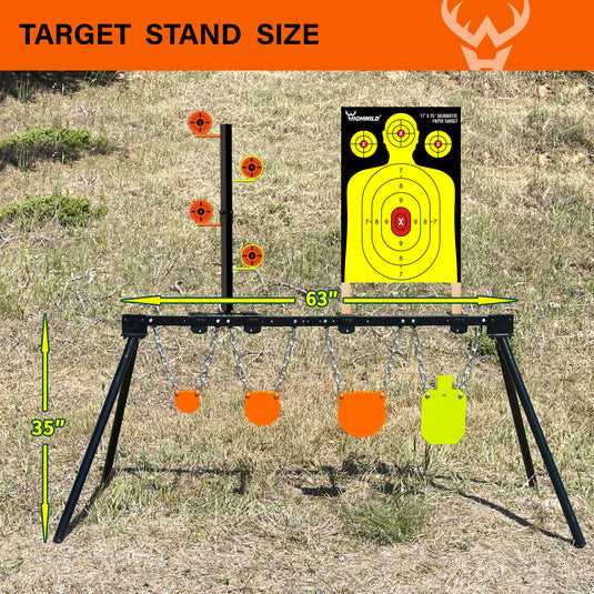 Adjustable Target Stand + Mounting Kit + 3/8" Thick 4", 6", 8" Gongs, 7" X 12"Torso with 22 Rimfire Dueling Tree and 17" X 25" Silhouette Paper Sheets