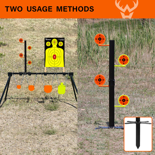 Adjustable Target Stand + Mounting Kit + 3/8" Thick 4", 6", 8" Gongs, 7" X 12"Torso with 22 Rimfire Dueling Tree and 17" X 25" Silhouette Paper Sheets