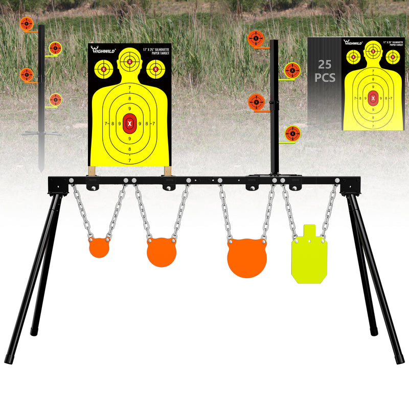 Load image into Gallery viewer, Adjustable Target Stand + Mounting Kit + 3/8" Thick 4", 6", 8" Gongs, 7" X 12"Torso with 22 Rimfire Dueling Tree and 17" X 25" Silhouette Paper Sheets
