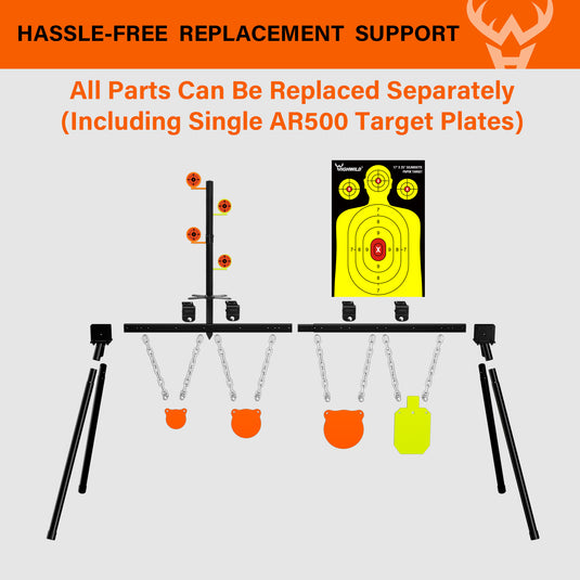 Adjustable Target Stand + Mounting Kit + 3/8" Thick 4", 6", 8" Gongs, 7" X 12"Torso with 22 Rimfire Dueling Tree and 17" X 25" Silhouette Paper Sheets