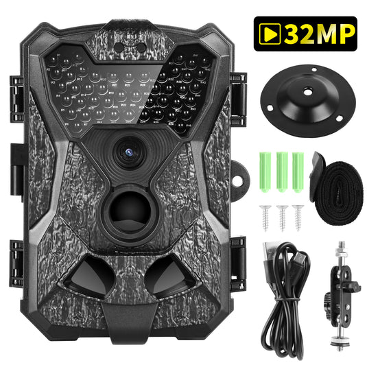 Trail Game Camera 32MP 1080P with Night Vision - IP66 Waterproof Hunting Cam for Wildlife Monitoring