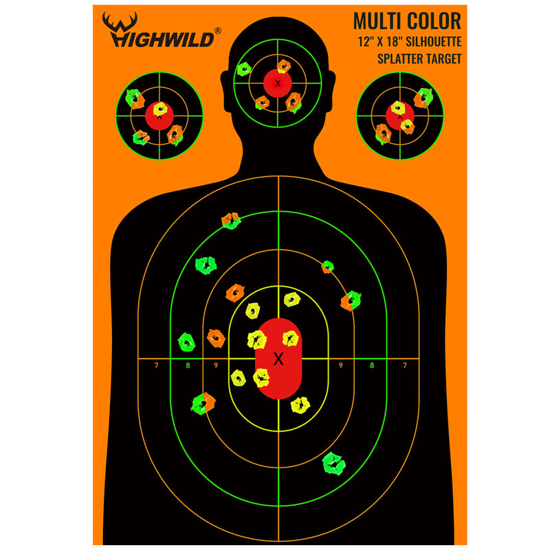 Load image into Gallery viewer, Silhouette Splatter Paper Targets - Splash Effect of Multiple Colors - 12x18 Inch
