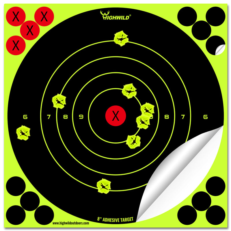 Load image into Gallery viewer, 8” Stick Splatter Adhesive Bullseye Bright Fluorescent Yellow Shooting Targets  - 50 Pack
