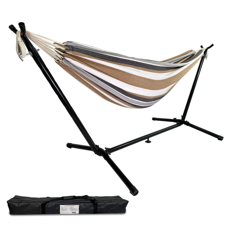 Load image into Gallery viewer, Double Hammock with Space Saving Steel Stand (White/Coffee)
