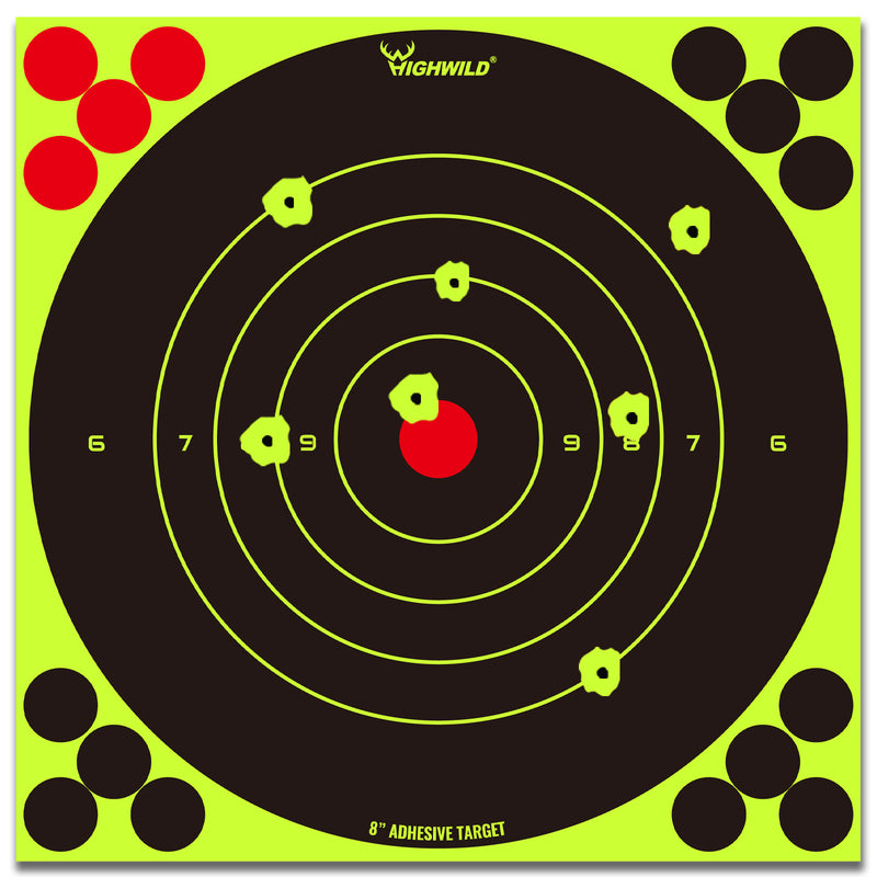 Load image into Gallery viewer, 8” Stick Splatter Adhesive Bullseye Bright Fluorescent Yellow Shooting Targets  - 50 Pack
