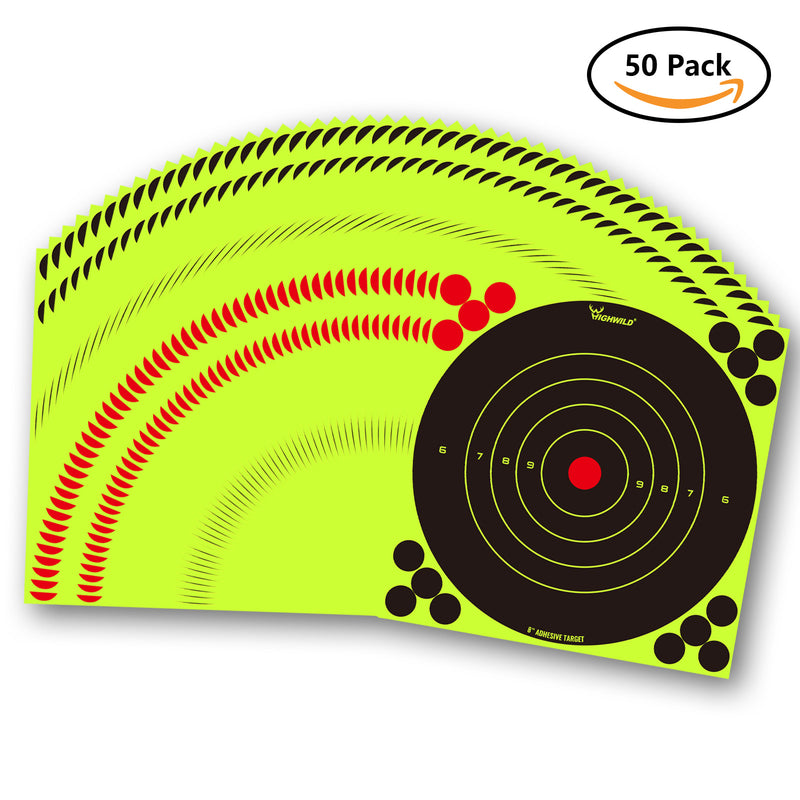 Load image into Gallery viewer, 8” Stick Splatter Adhesive Bullseye Bright Fluorescent Yellow Shooting Targets  - 50 Pack
