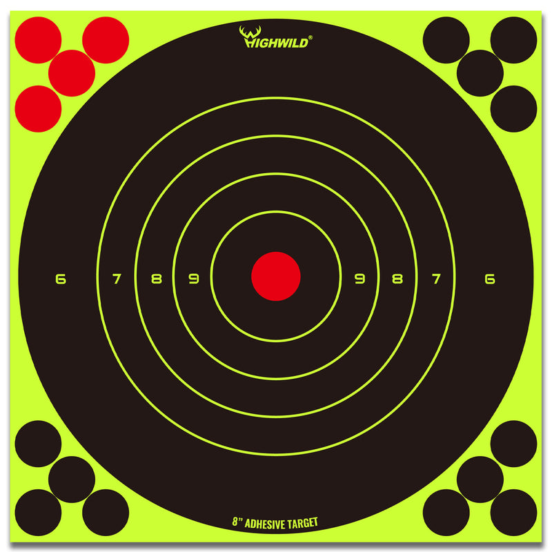 Load image into Gallery viewer, 8” Stick Splatter Adhesive Bullseye Bright Fluorescent Yellow Shooting Targets  - 50 Pack
