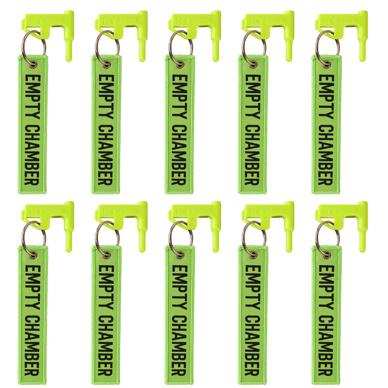 Load image into Gallery viewer, 10 Pack Chamber Safety Flag for Most Common Calibers with Green Key Chain Tags
